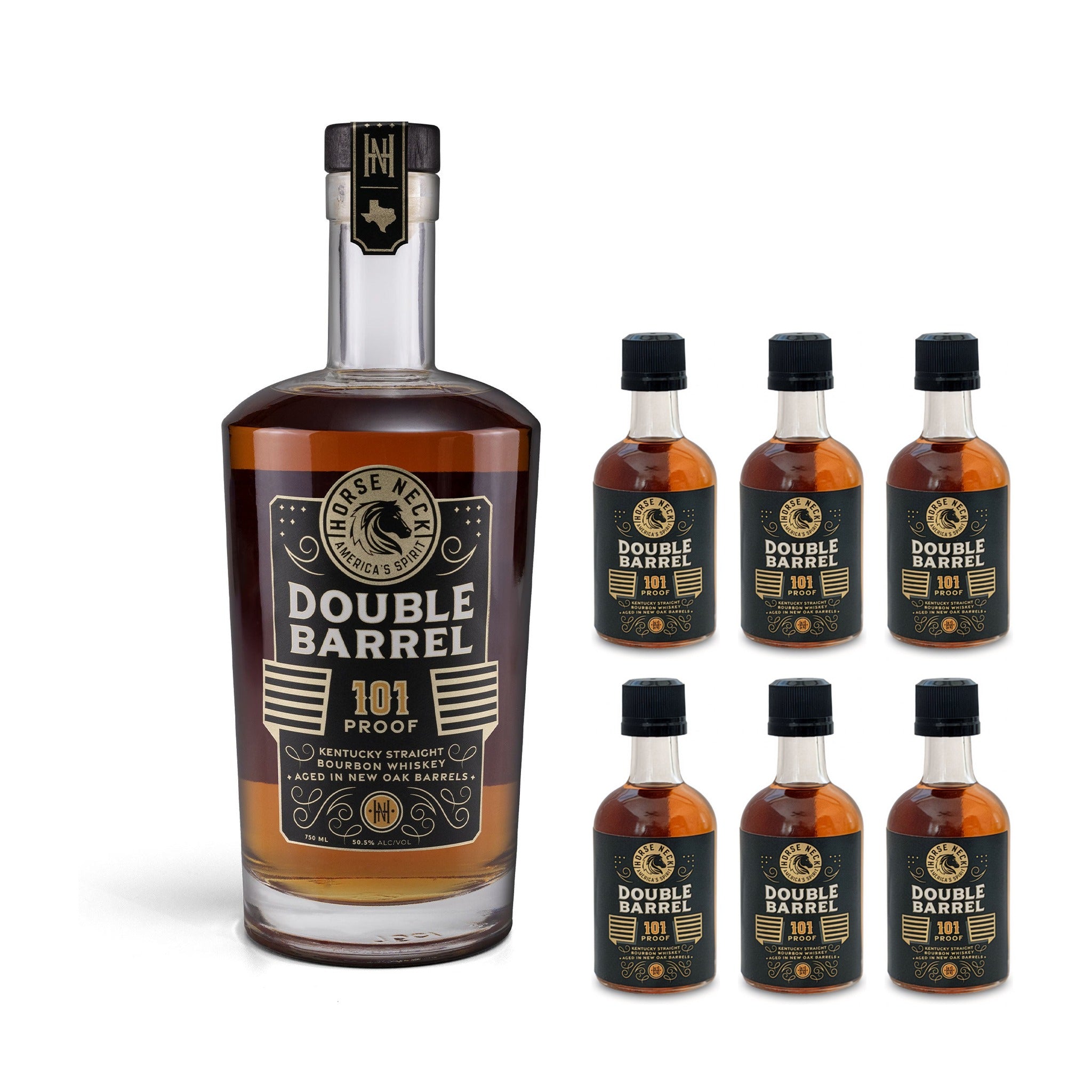 Horse Neck Double Barrel 101 Proof bourbon 750ml bottle with six 50ml mini bottles