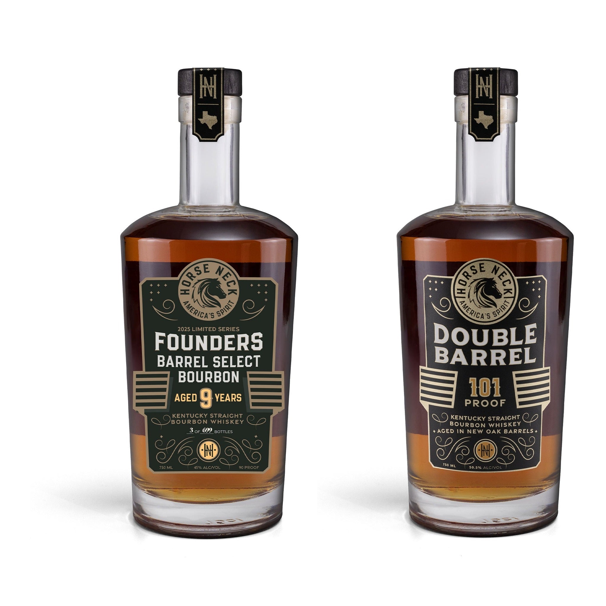 Horse Neck Founders 9-Year Barrel Select and Double Barrel 101 Proof bourbon, two 750ml bottles